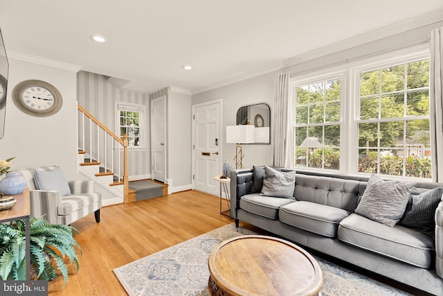 1861 S George Mason Dr, Arlington, VA 22204 - living room featuring crown molding, light wood-type flooring, stairs, recessed lighting, and baseboards