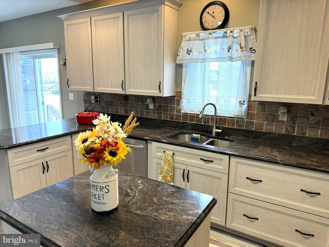 128 E Delaware Dr, Little Egg Harbor Twp, NJ 08087 - kitchen with a sink, dishwasher, backsplash, and dark stone countertops