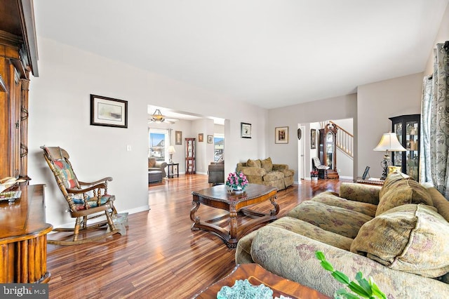 128 E Delaware Dr, Little Egg Harbor Twp, NJ 08087 - living room featuring wood finished floors, baseboards, and stairway