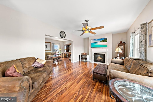 128 E Delaware Dr, Little Egg Harbor Twp, NJ 08087 - living room with wood finished floors, ceiling fan, healthy amount of natural light, and a premium fireplace