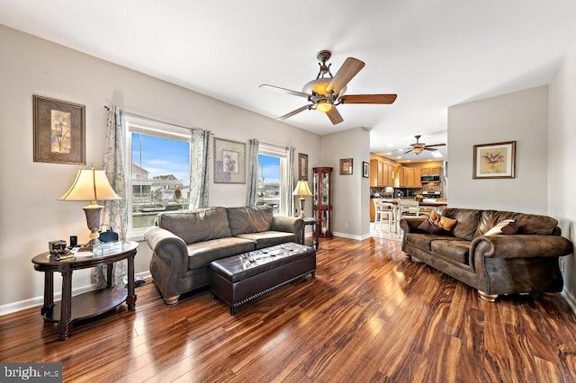128 E Delaware Dr, Little Egg Harbor Twp, NJ 08087 - living area featuring ceiling fan, dark wood-type flooring, and baseboards