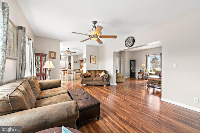 128 E Delaware Dr, Little Egg Harbor Twp, NJ 08087 - living room with wood finished floors, a ceiling fan, and baseboards
