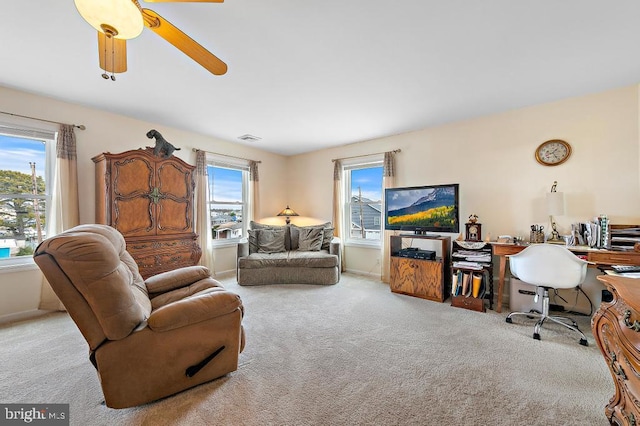 128 E Delaware Dr, Little Egg Harbor Twp, NJ 08087 - living room featuring carpet floors, a ceiling fan, an office area, and baseboards