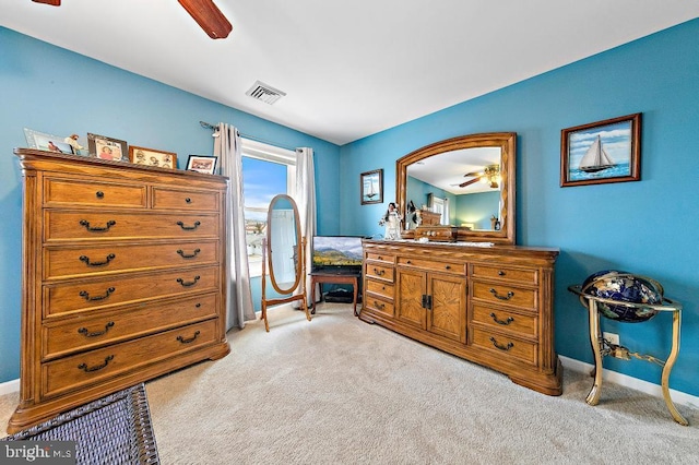 128 E Delaware Dr, Little Egg Harbor Twp, NJ 08087 - bedroom featuring light colored carpet, baseboards, and ceiling fan