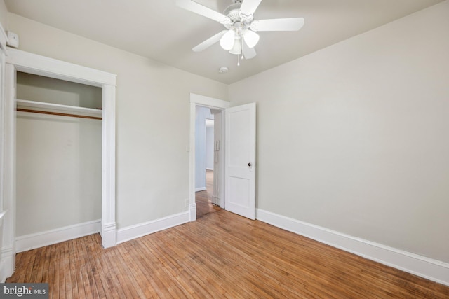 4311 Quinn St, Capitol Heights, MD 20743 - unfurnished bedroom featuring wood finished floors, baseboards, a closet, and a ceiling fan