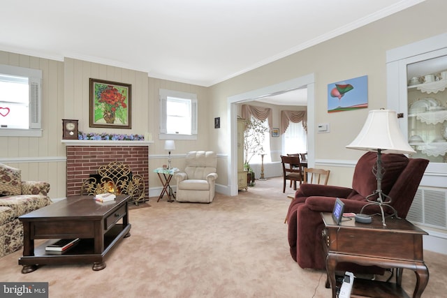 604 Market St, Pocomoke City, MD 21851 - carpeted living area featuring ornamental molding and a fireplace