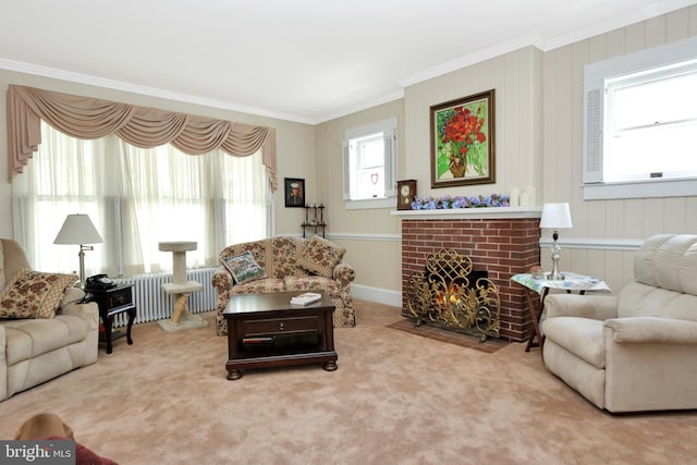 604 Market St, Pocomoke City, MD 21851 - living room with radiator, crown molding, carpet flooring, and a brick fireplace