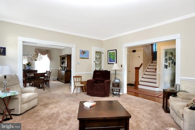 604 Market St, Pocomoke City, MD 21851 - living area featuring ornamental molding, stairway, and a chandelier