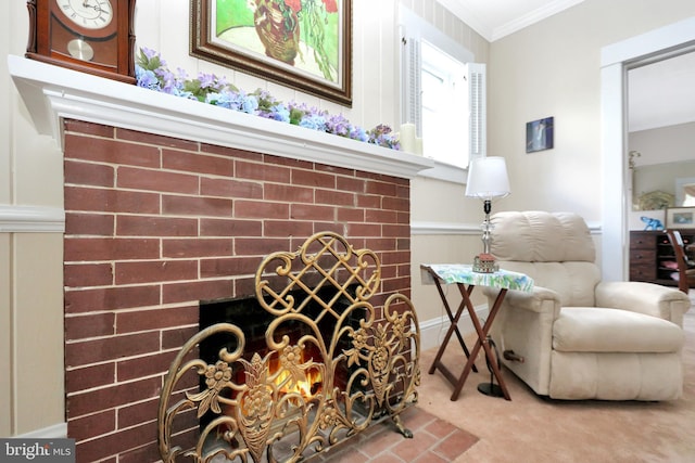 604 Market St, Pocomoke City, MD 21851 - sitting room with a brick fireplace, crown molding, and light colored carpet