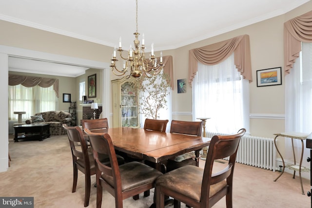 604 Market St, Pocomoke City, MD 21851 - dining room featuring light carpet, radiator heating unit, a chandelier, and crown molding