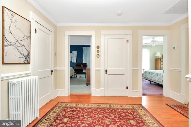 604 Market St, Pocomoke City, MD 21851 - corridor with radiator, light wood-style flooring, and crown molding