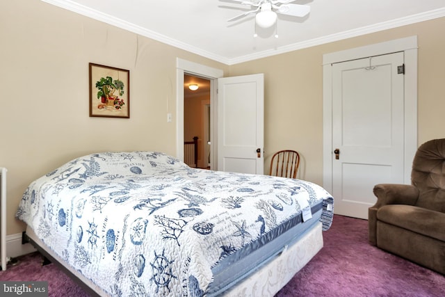 604 Market St, Pocomoke City, MD 21851 - bedroom with dark colored carpet, crown molding, and a ceiling fan