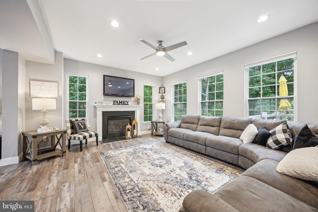 19 Hickory Ridge Ct, Mullica Hill, NJ 08062 - living area featuring hardwood / wood-style floors, a ceiling fan, a fireplace with flush hearth, recessed lighting, and plenty of natural light