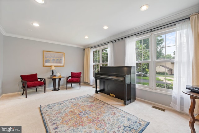 9300 Olivia Pl, Burke, VA 22015 - living area with carpet floors, baseboards, crown molding, and recessed lighting