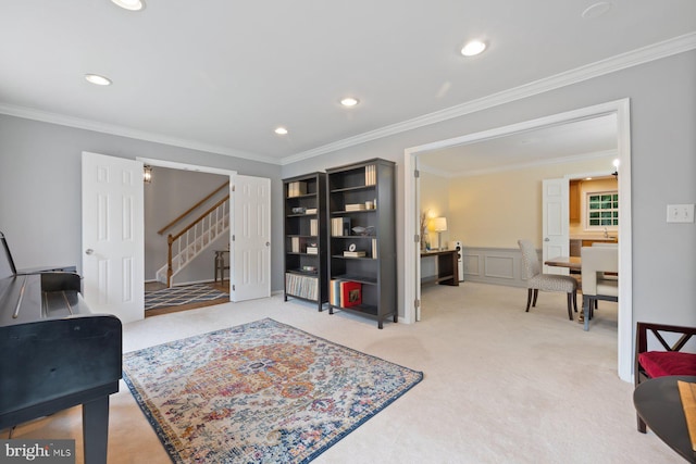 9300 Olivia Pl, Burke, VA 22015 - living area featuring stairway, light carpet, ornamental molding, and recessed lighting
