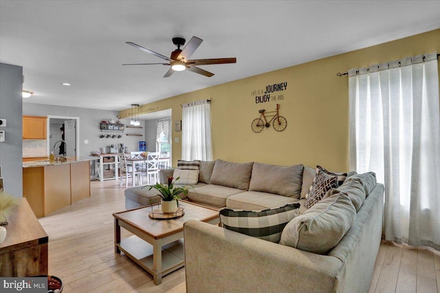 7 Kantner Ln N, Reading, PA 19607 - living room featuring a ceiling fan, light wood-style flooring, and recessed lighting