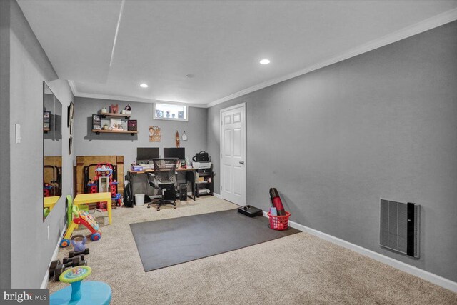 7 Kantner Ln N, Reading, PA 19607 - rec room featuring recessed lighting, carpet flooring, ornamental molding, a desk, and baseboards