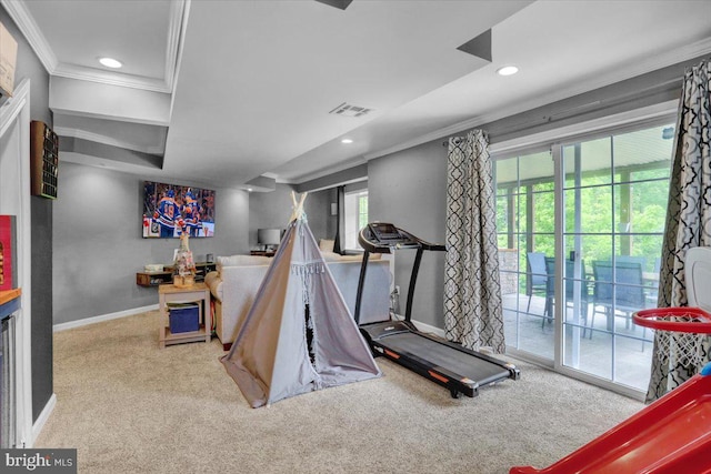 7 Kantner Ln N, Reading, PA 19607 - exercise room featuring crown molding, carpet floors, baseboards, and recessed lighting