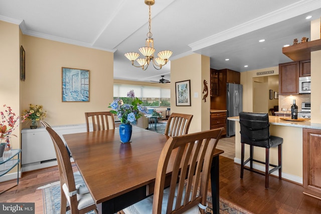 4515 Willard Ave Unit 610S, Chevy Chase, MD 20815 - dining area featuring wood finished floors, ornamental molding, a chandelier, recessed lighting, and ceiling fan