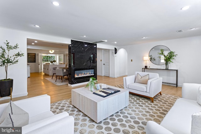 347 Clarks Tract Tract, Keswick, VA 22947 - living room featuring arched walkways, recessed lighting, light wood-style flooring, and a high end fireplace