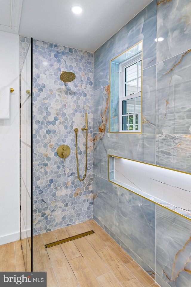 347 Clarks Tract Tract, Keswick, VA 22947 - full bath with a tile shower, recessed lighting, and wood finished floors