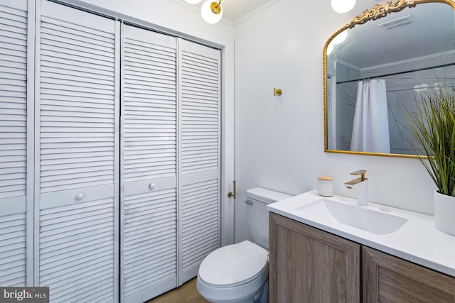 347 Clarks Tract Tract, Keswick, VA 22947 - bathroom with a closet, vanity, ornamental molding, and a shower with curtain