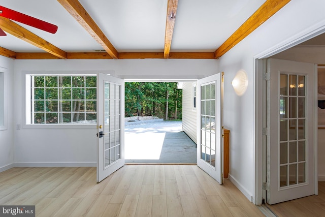 347 Clarks Tract Tract, Keswick, VA 22947 - doorway to outside featuring french doors, beam ceiling, wood finished floors, and a ceiling fan