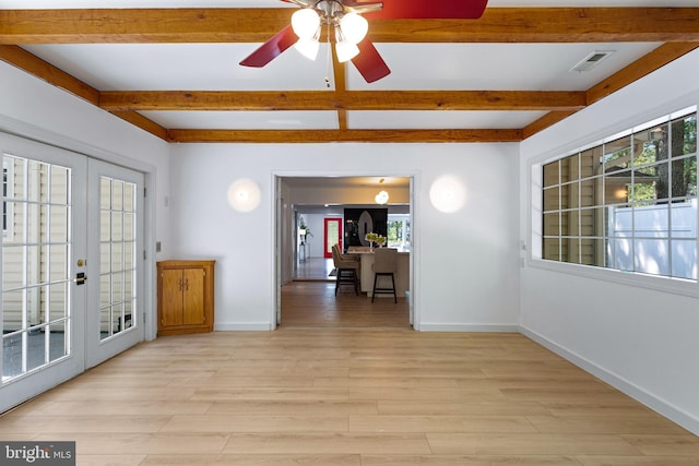 347 Clarks Tract Tract, Keswick, VA 22947 - foyer entrance with beamed ceiling, french doors, light wood-type flooring, and a ceiling fan