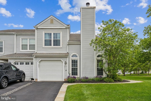 2 E Park Rd, Newtown, PA 18940 - view of property with driveway, a chimney, a front yard, a garage, and a shingled roof