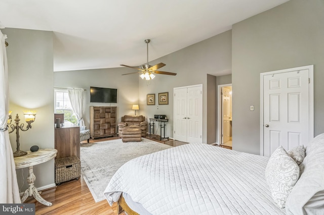 2 E Park Rd, Newtown, PA 18940 - bedroom featuring wood finished floors, high vaulted ceiling, a closet, ceiling fan, and baseboards