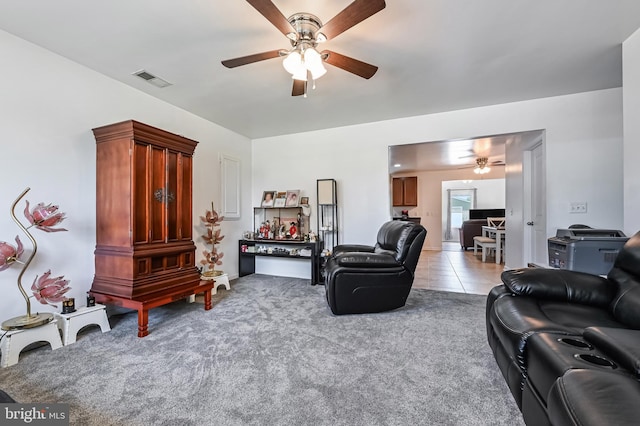 1 Bertram Dr, Glen Burnie, MD 21060 - living room featuring ceiling fan, light colored carpet, and light tile patterned floors
