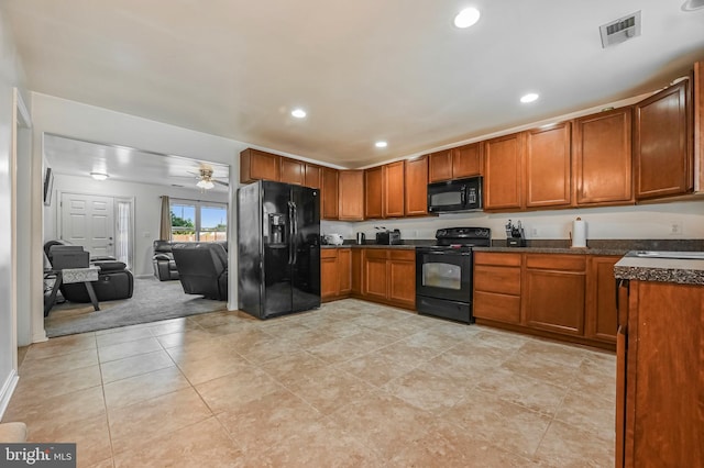 1 Bertram Dr, Glen Burnie, MD 21060 - kitchen with black appliances, brown cabinets, a ceiling fan, recessed lighting, and open floor plan