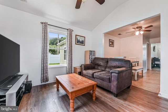 1 Bertram Dr, Glen Burnie, MD 21060 - living area featuring a ceiling fan, vaulted ceiling, wood finished floors, and baseboards