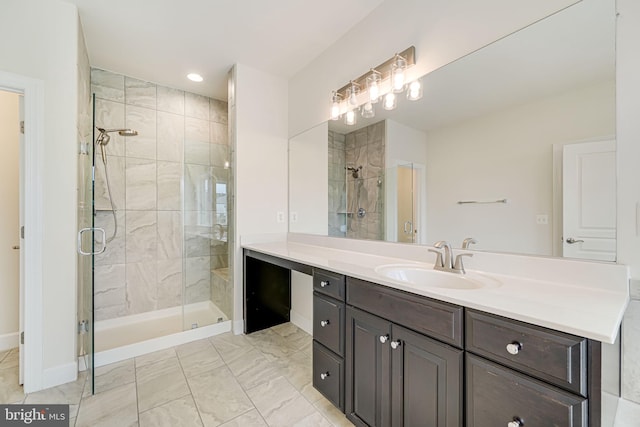 7425 Signal Hill Rd, Manassas, VA 20111 - full bath featuring a shower stall, vanity, and marble finish flooring