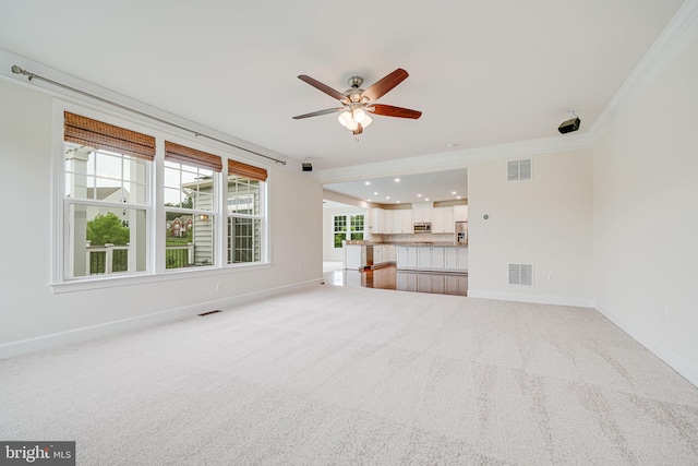 7425 Signal Hill Rd, Manassas, VA 20111 - unfurnished living room with a ceiling fan, crown molding, and light carpet