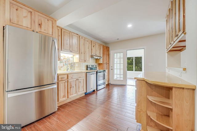 7425 Signal Hill Rd, Manassas, VA 20111 - kitchen with appliances with stainless steel finishes, open shelves, light brown cabinetry, and recessed lighting