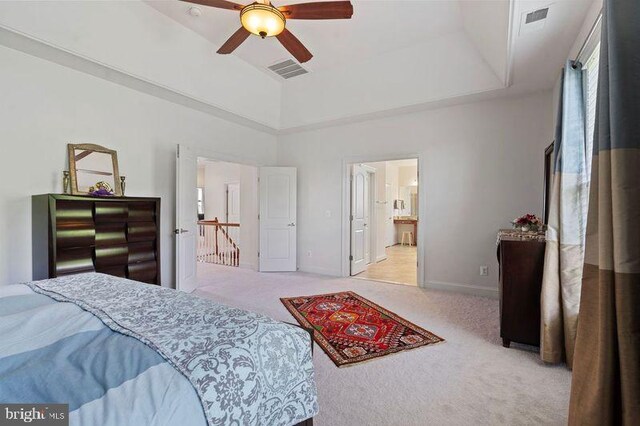 42735 Macauley Pl, Ashburn, VA 20148 - carpeted bedroom with baseboards, high vaulted ceiling, a ceiling fan, and ensuite bathroom