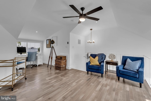 1328 Cox Cv, Stoney Beach, MD 21226 - home office featuring vaulted ceiling, ceiling fan, wood finished floors, a chandelier, and baseboards