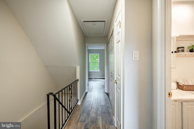 2806 Eagle Rd Unit 2806, West Chester, PA 19382 - hall with attic access, dark wood-style floors, and an upstairs landing