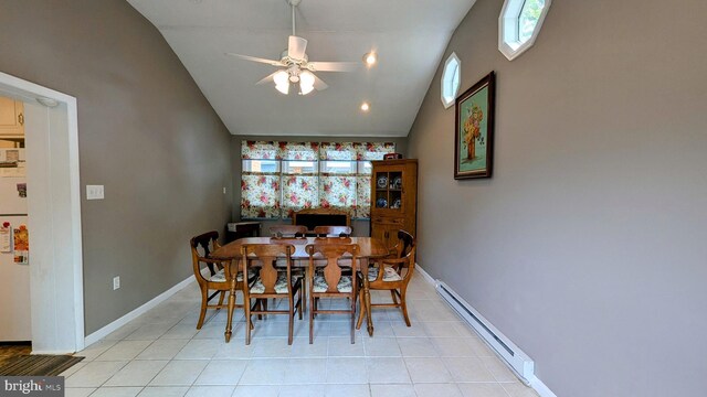 12 Rogers Cir, Newark, DE 19702 - dining area featuring vaulted ceiling, a baseboard radiator, ceiling fan, plenty of natural light, and baseboards