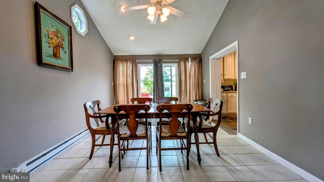 12 Rogers Cir, Newark, DE 19702 - dining room with a baseboard heating unit, ceiling fan, baseboards, light tile patterned flooring, and high vaulted ceiling