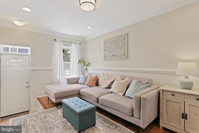1201 Cooksie St, Baltimore, MD 21230 - living room with crown molding, recessed lighting, and wood finished floors