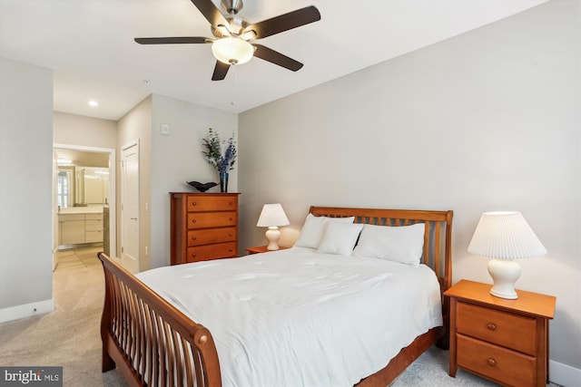 510 Diamondback Dr Unit 469, Gaithersburg, MD 20878 - bedroom with light carpet, ensuite bathroom, baseboards, ceiling fan, and recessed lighting