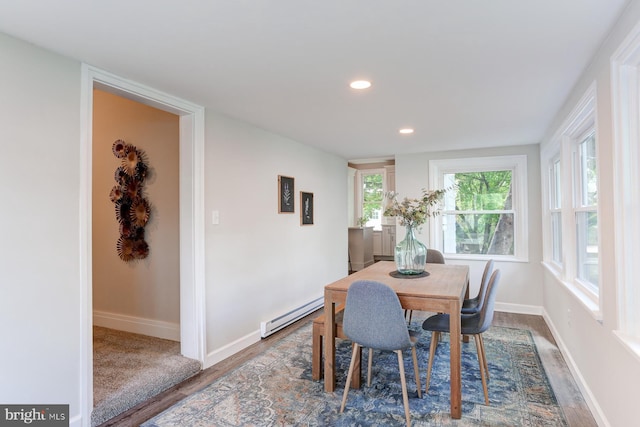 267 S 12th St, Lebanon, PA 17042 - dining area featuring baseboard heating, wood finished floors, baseboards, and recessed lighting