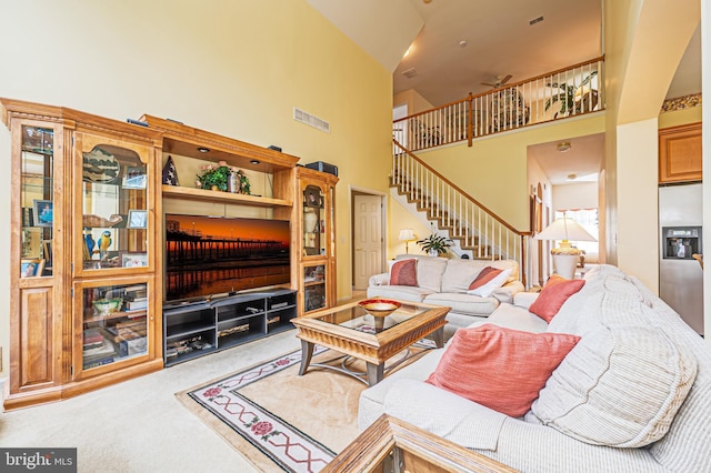 137 Keller Way, Mays Landing, NJ 08330 - living room with carpet flooring, stairs, and a towering ceiling