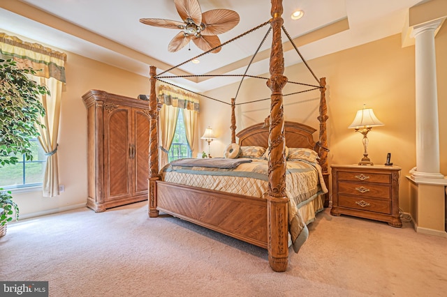 137 Keller Way, Mays Landing, NJ 08330 - bedroom featuring light colored carpet, ornate columns, baseboards, a raised ceiling, and recessed lighting