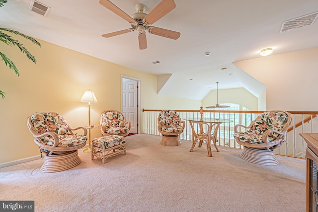 137 Keller Way, Mays Landing, NJ 08330 - living area with ceiling fan, carpet flooring, and vaulted ceiling