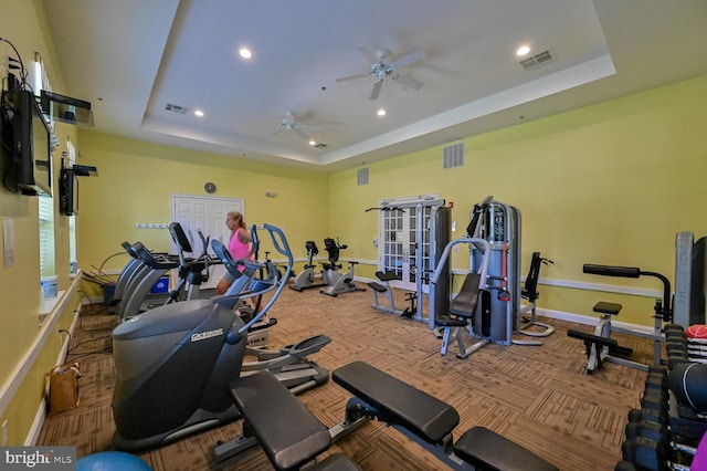 137 Keller Way, Mays Landing, NJ 08330 - exercise room with a tray ceiling, recessed lighting, ceiling fan, baseboards, and carpet floors