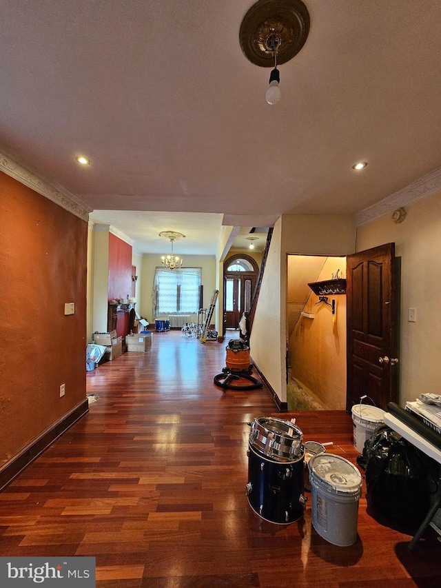 2833 Poplar St, Philadelphia, PA 19130 - hallway featuring a chandelier, wood finished floors, ornamental molding, recessed lighting, and baseboards