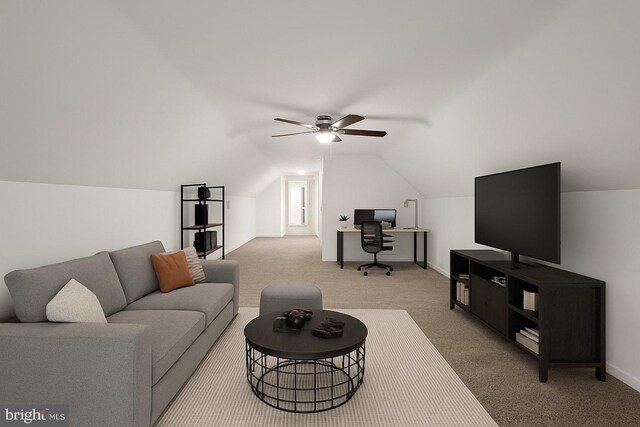 711 E Center St, Nesquehoning, PA 18240 - living area with carpet floors, a ceiling fan, lofted ceiling, a desk, and baseboards